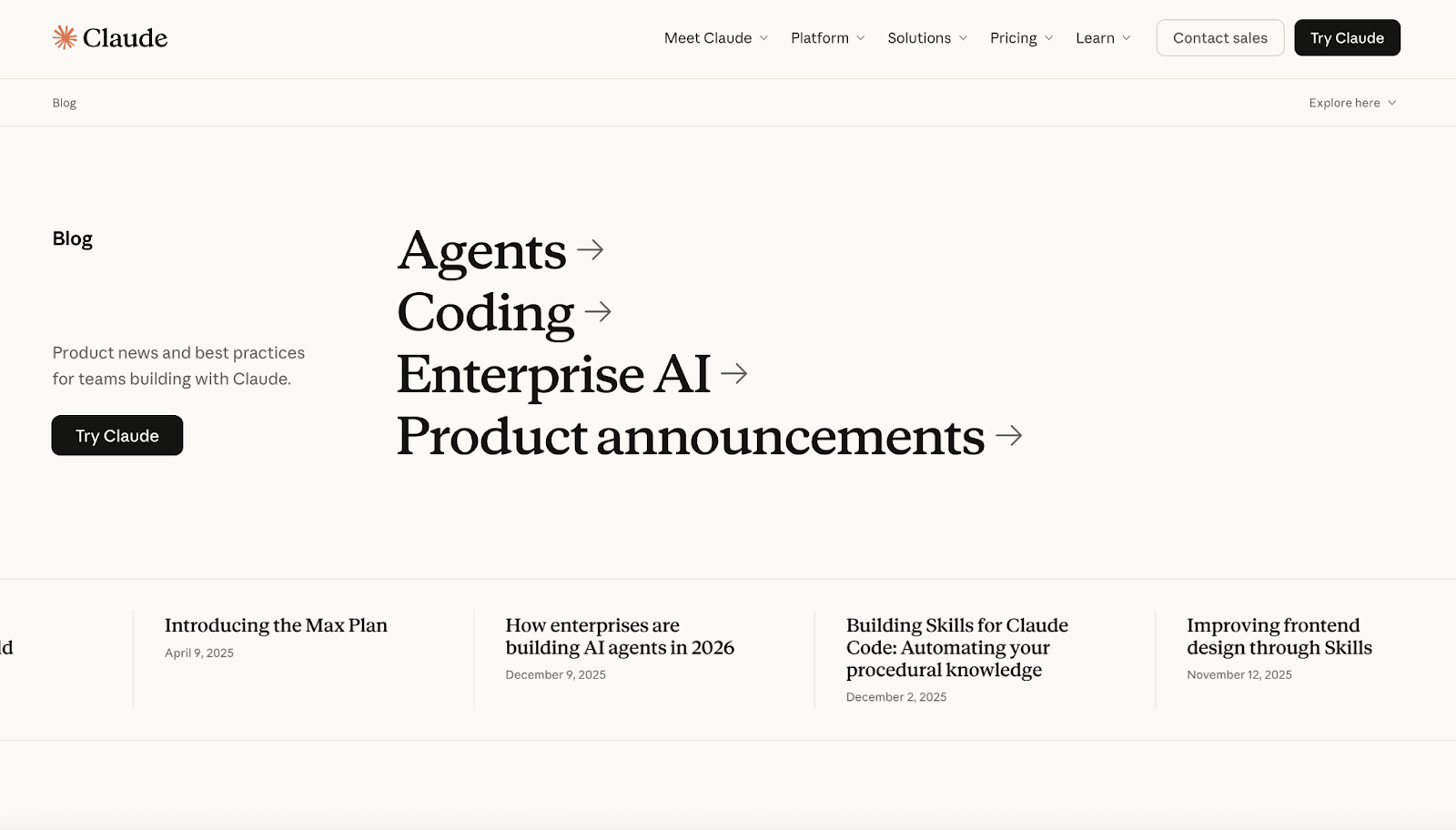 Anthropic's Claude Blog homepage