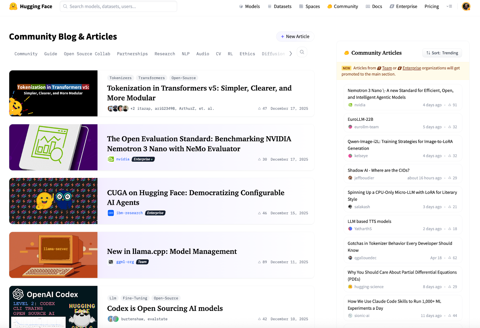 Hugging Face Community Blog homepage