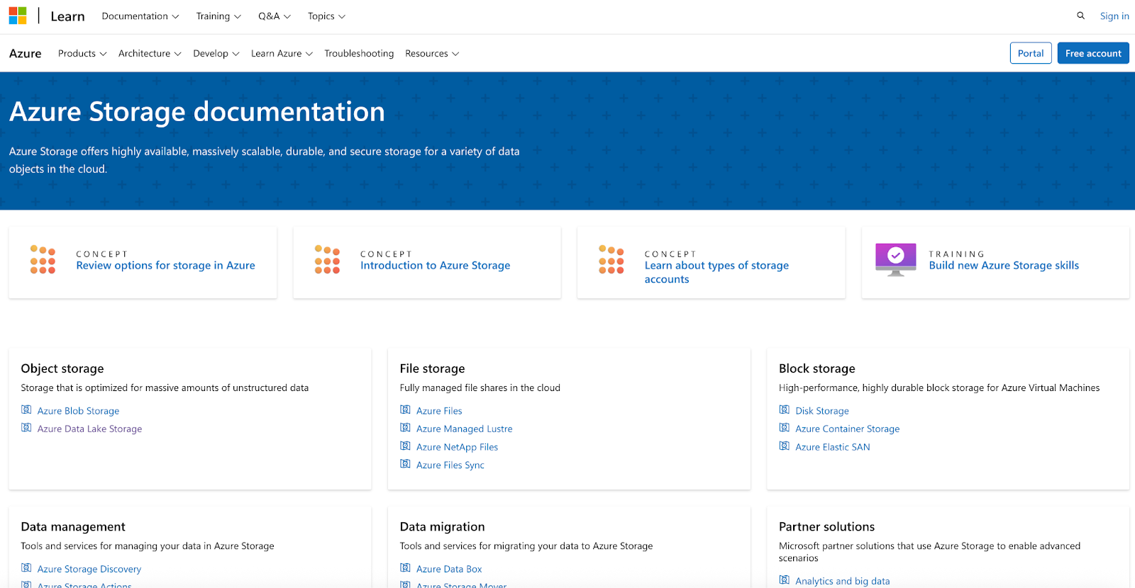 Azure storage product page