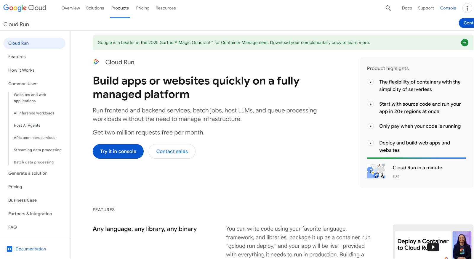 Google Cloud Run Homepage