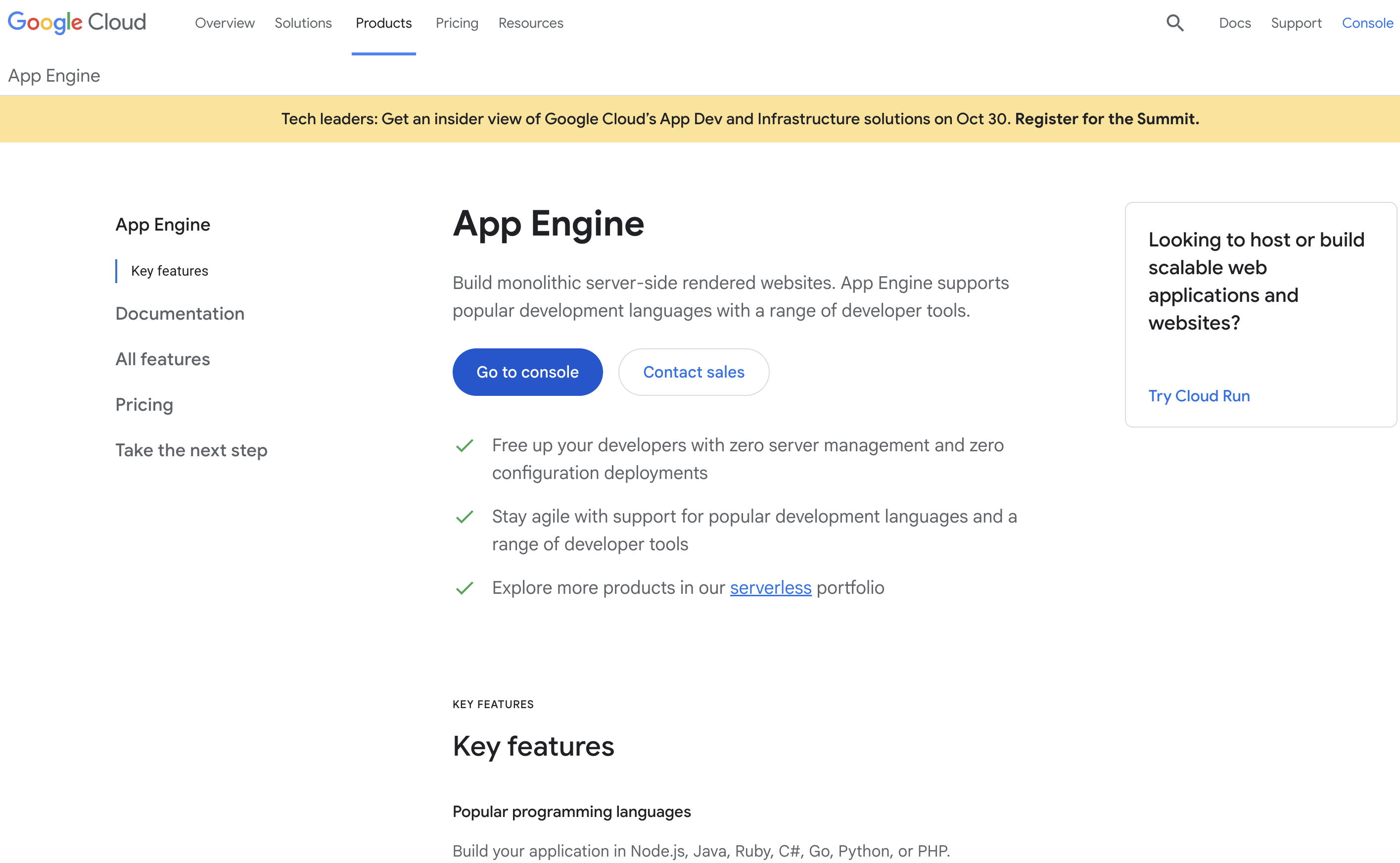 Google App Engine homepage
