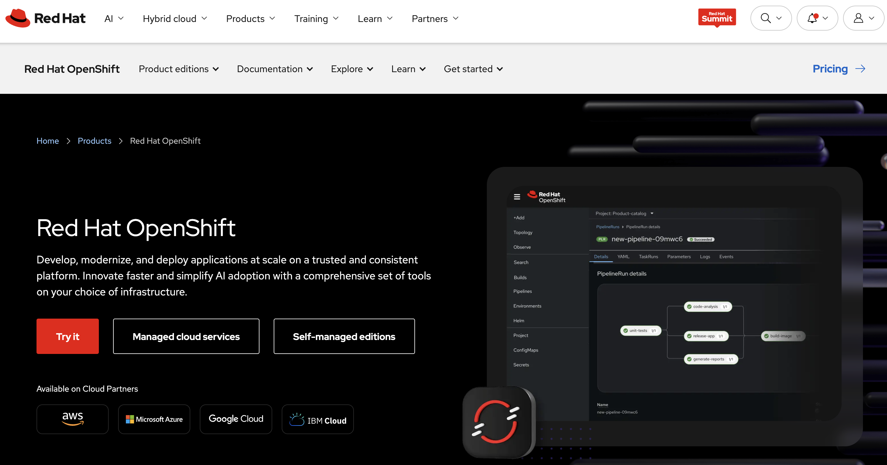 Red Hat OpenShift homepage