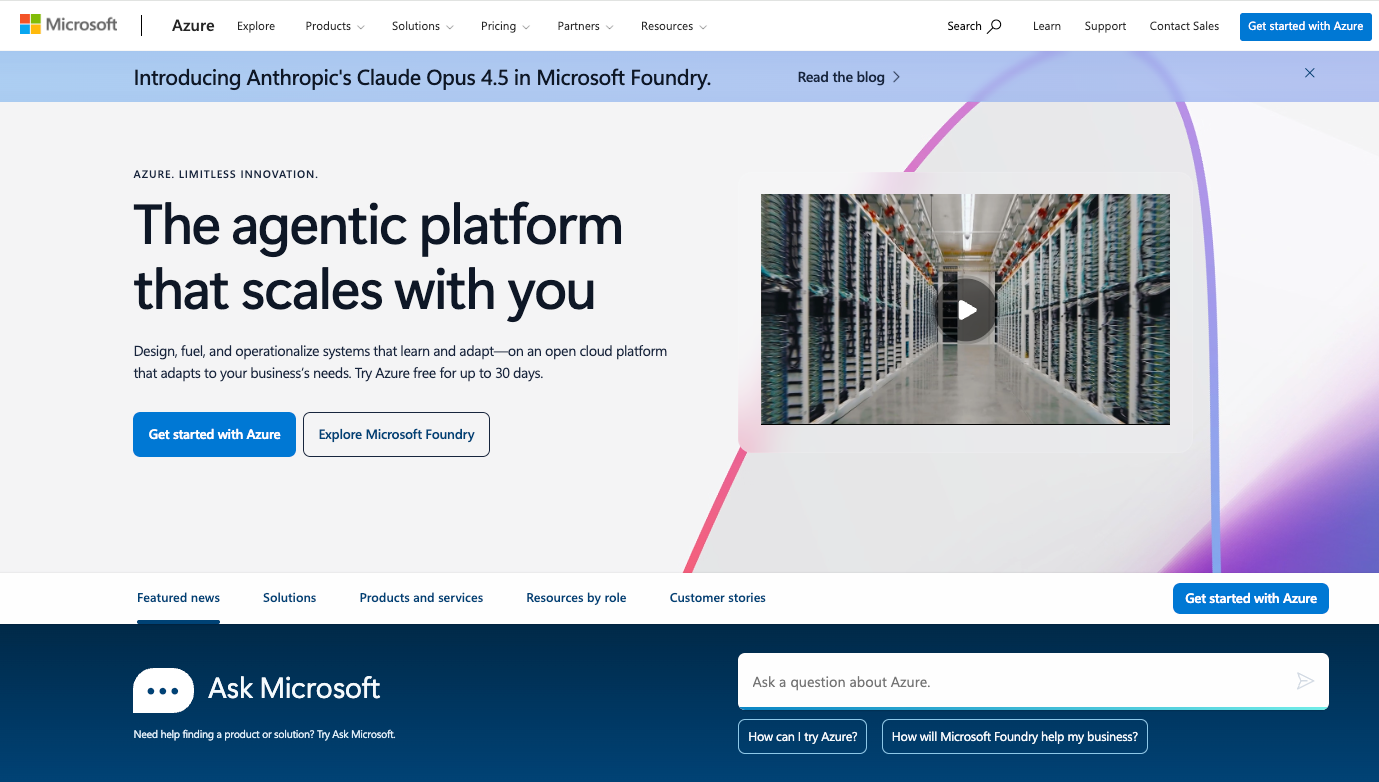 Microsoft Azure homepage