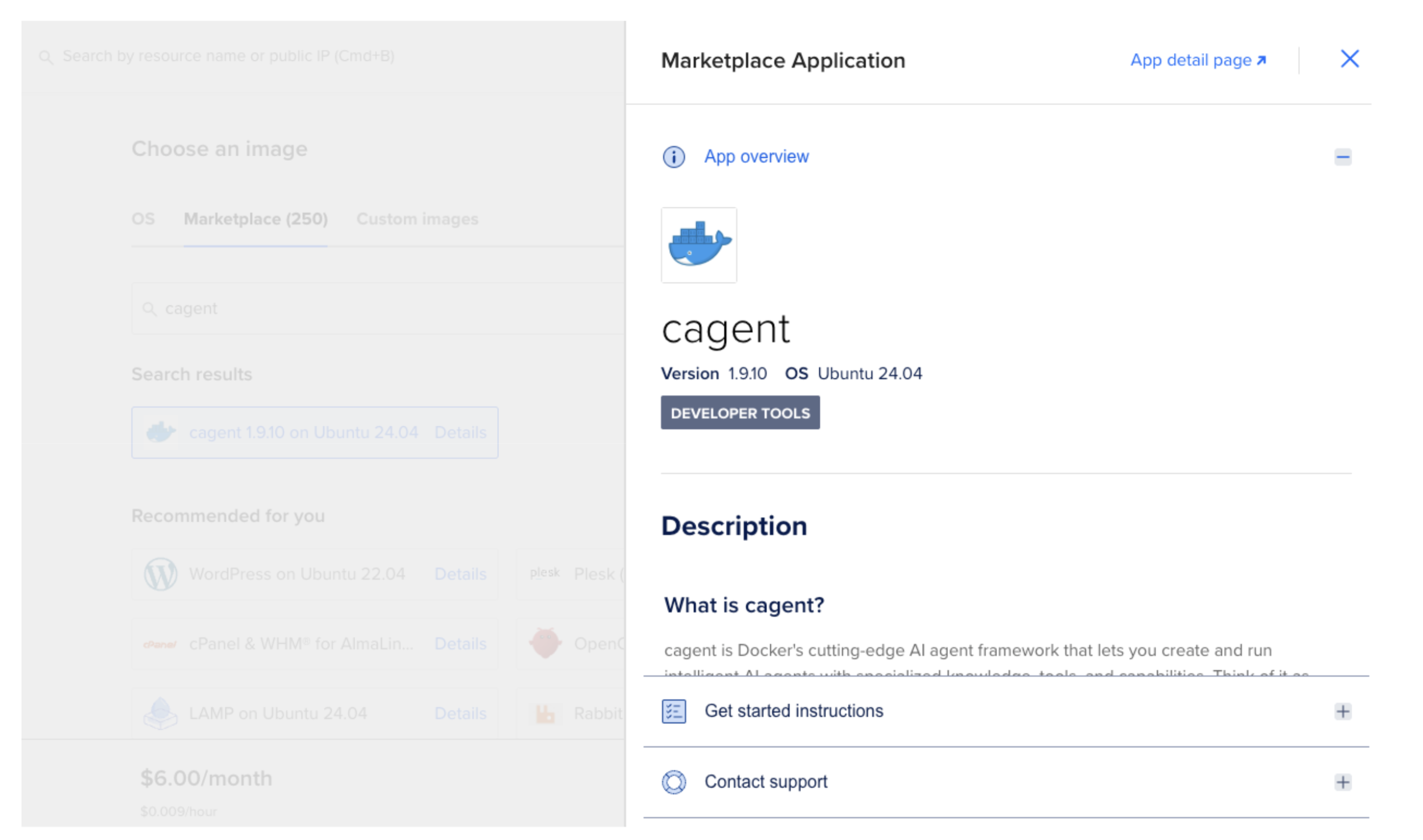 The Docker Agent 1-Click App page with the Create Droplet button