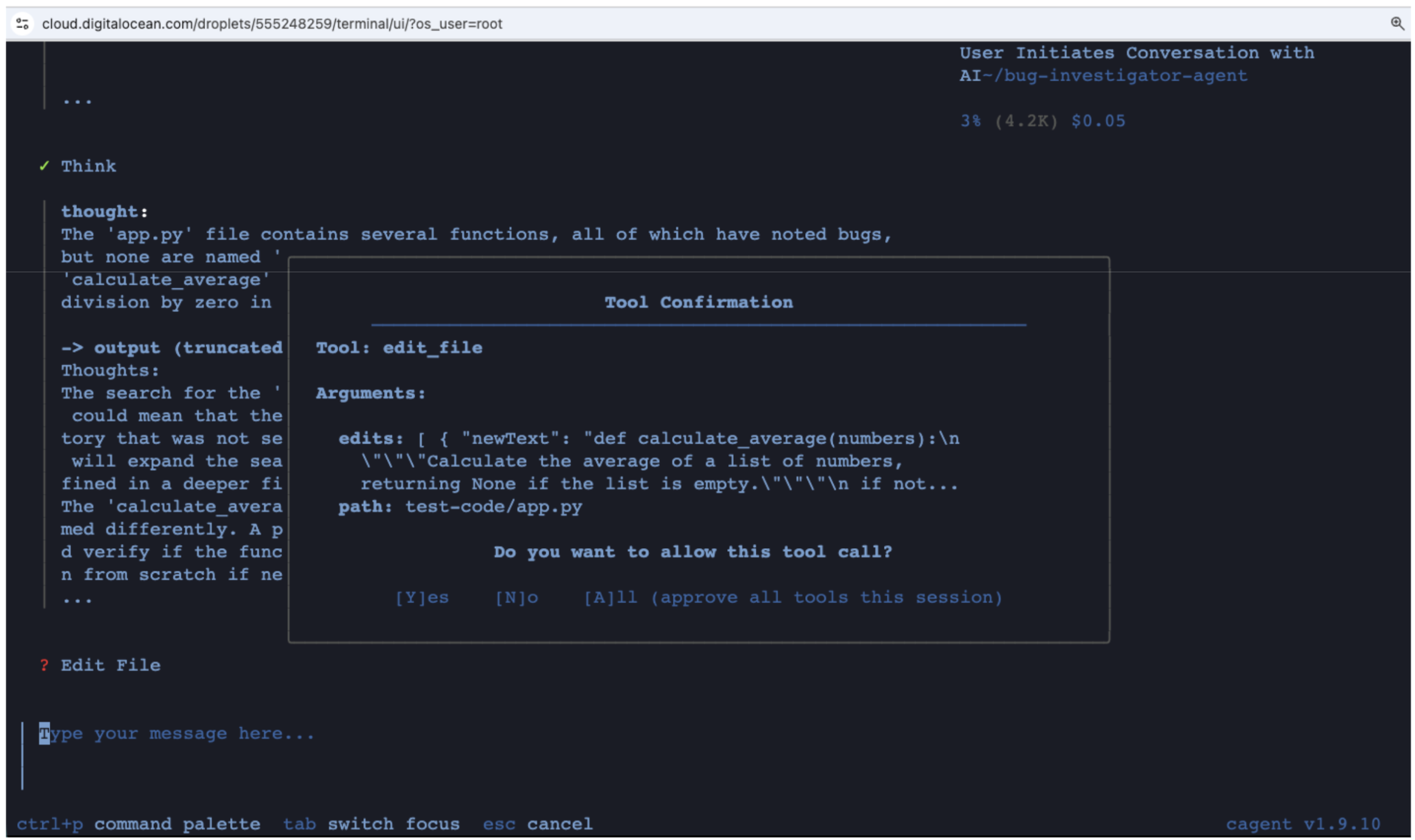 The Bug Investigator agent analyzing the ZeroDivisionError