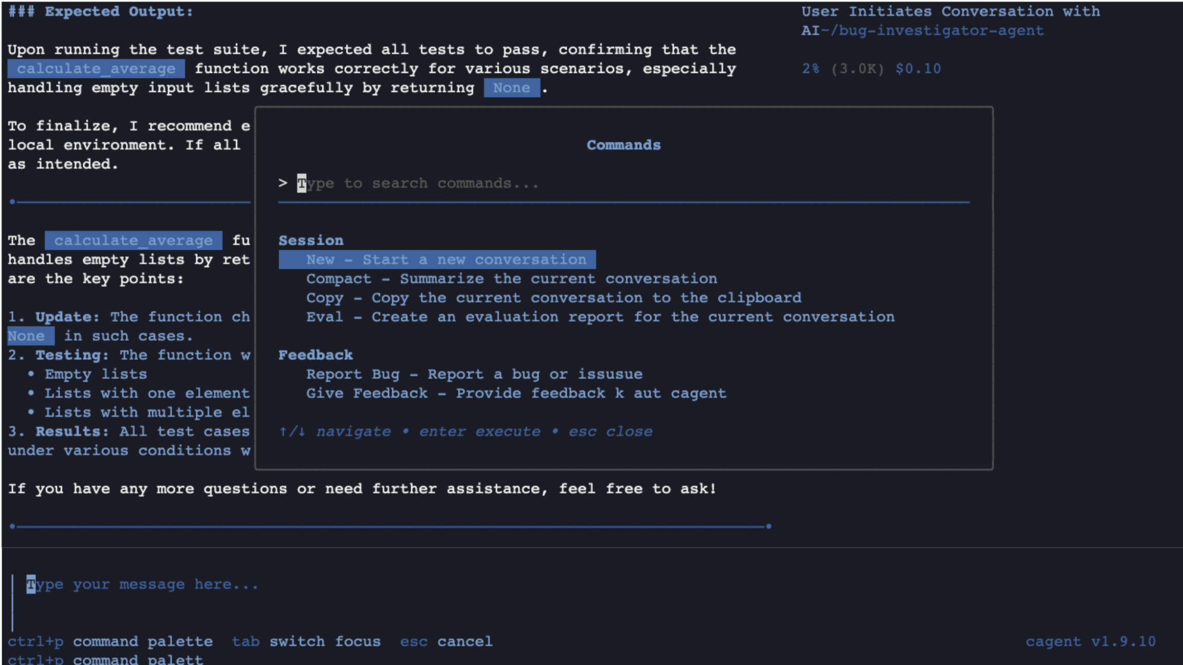 The Docker Agent command palette for additional actions