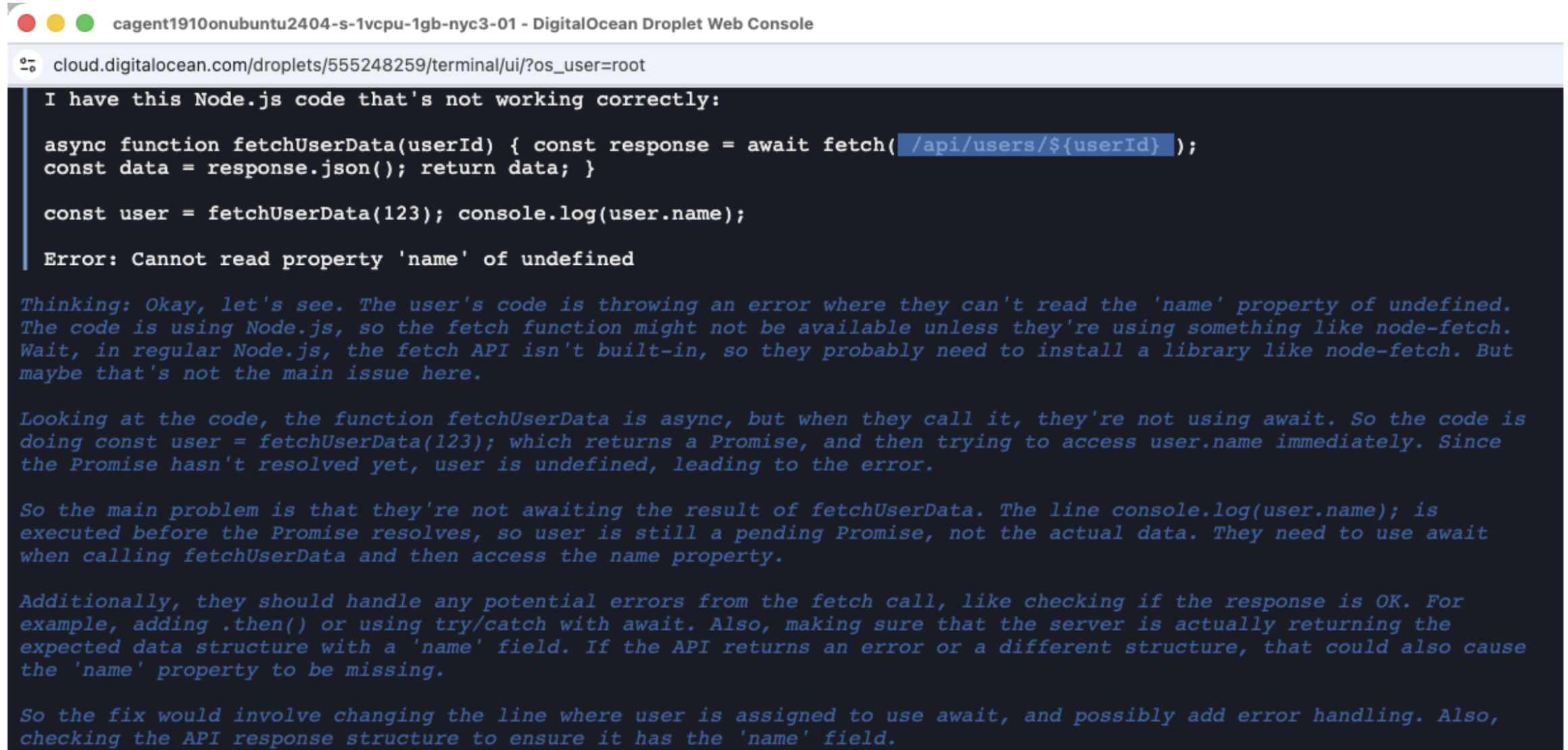 Local model correctly diagnosing the missing await keywords