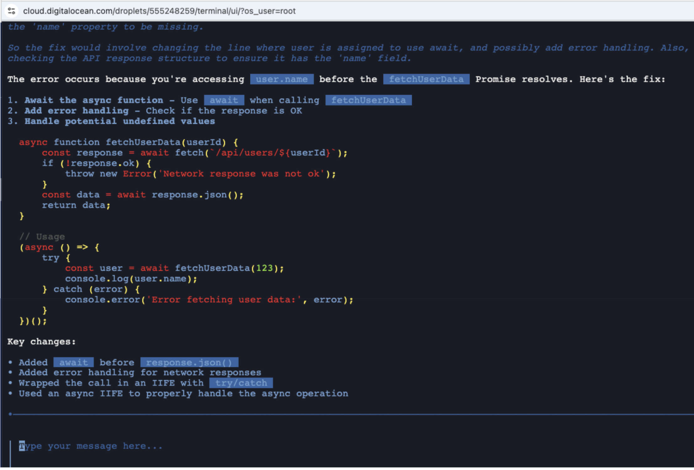 Local model correctly diagnosing the missing await keywords