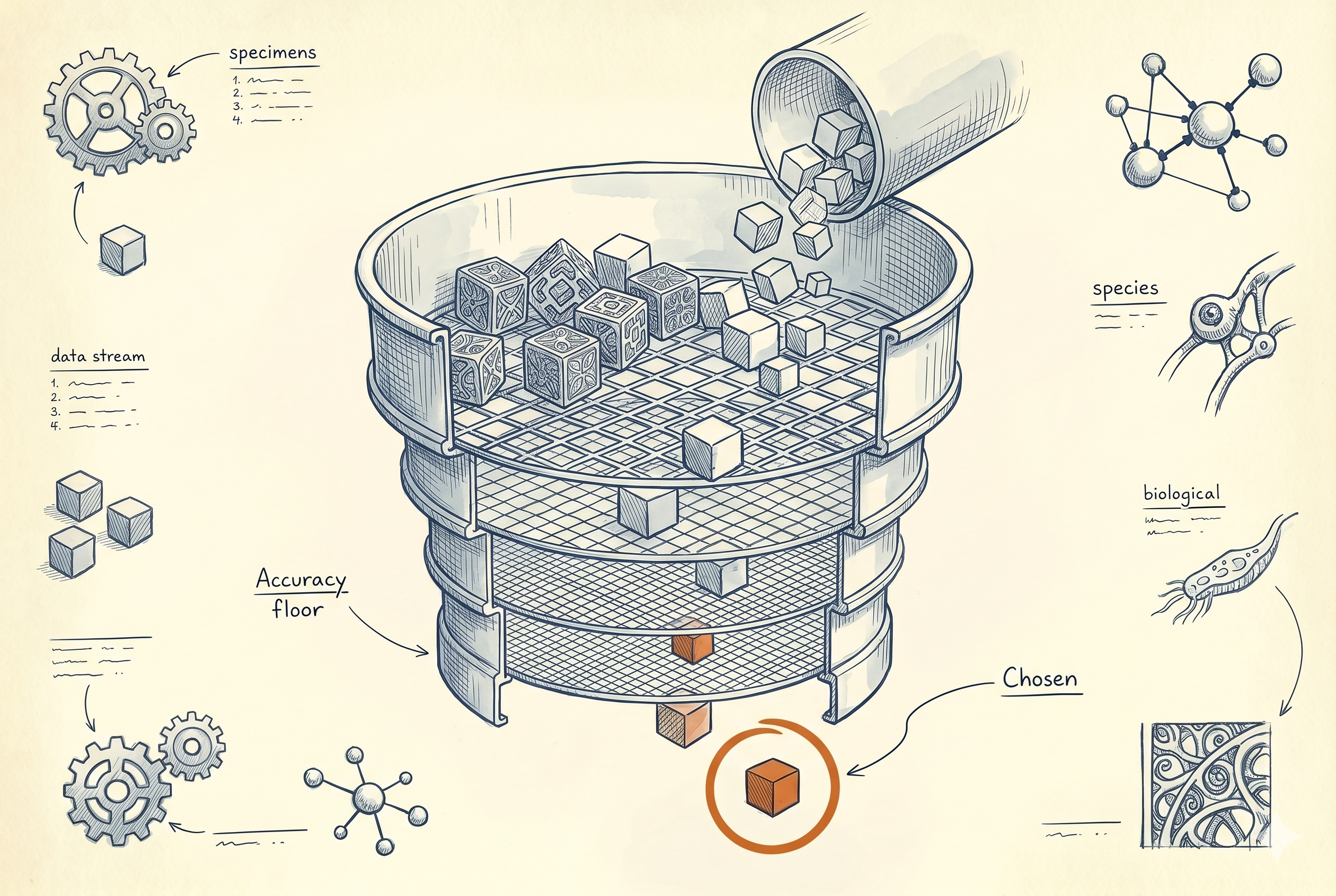 A sieve sorting differently-sized models against an accuracy floor