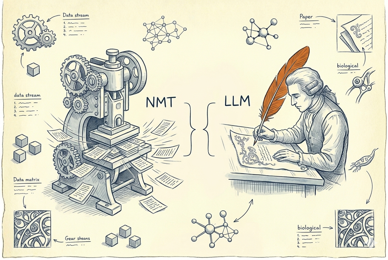A fast stamping machine beside a careful quill-and-ink scribe