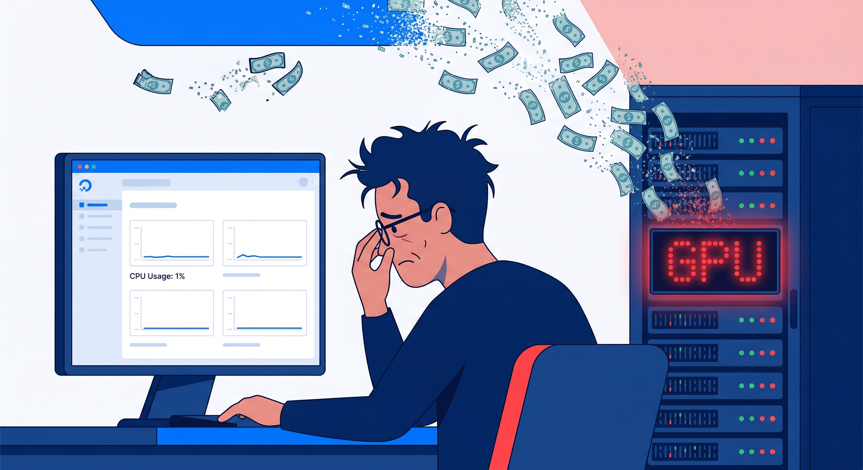 Diagram showing the gap between standard CPU monitoring and GPU-specific DCGM metrics that reveal idle GPU nodes