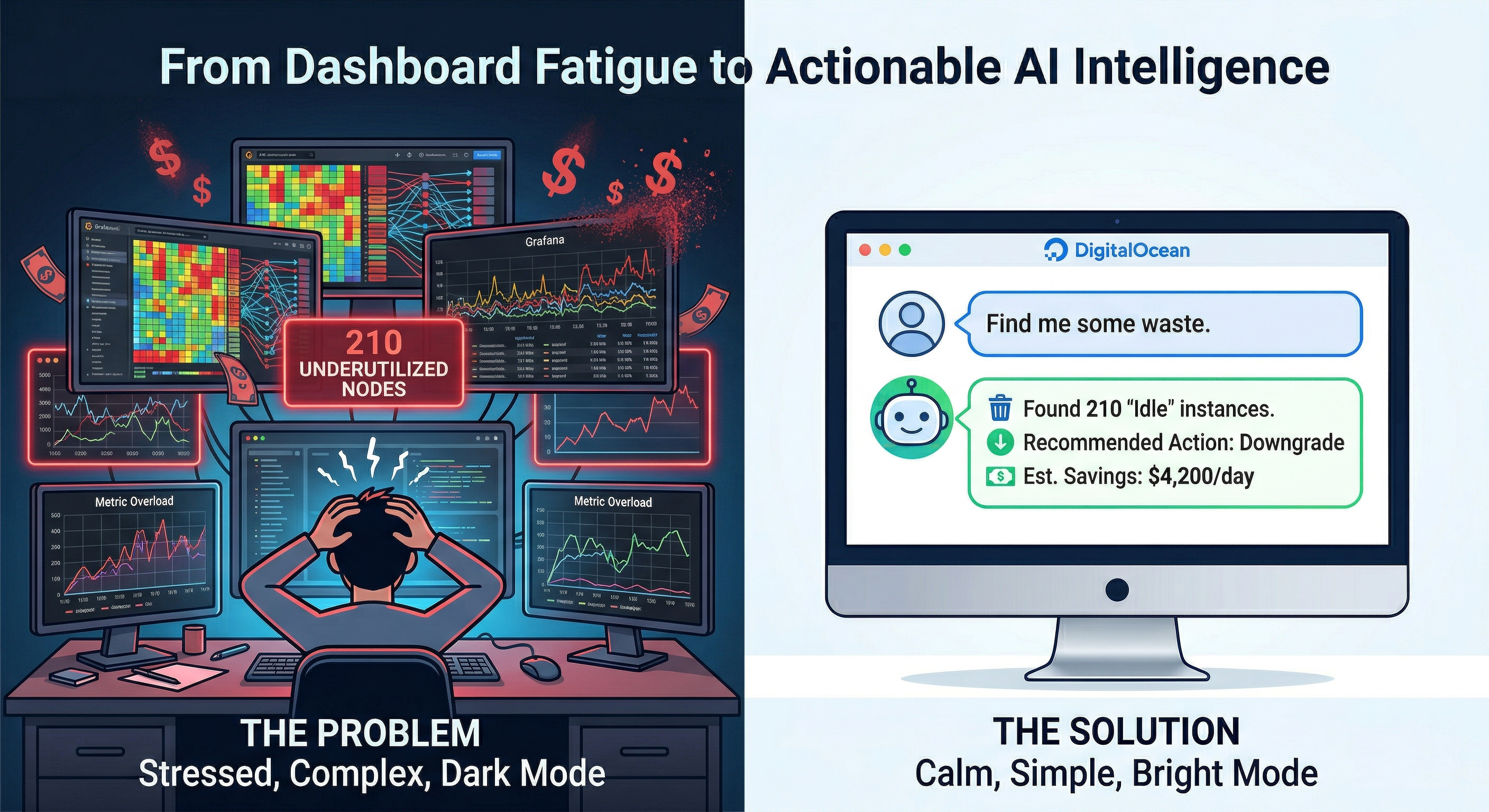 Architecture diagram showing the AI agent's reasoning loop from user prompt through API discovery, DCGM scraping, threshold analysis, to natural language response