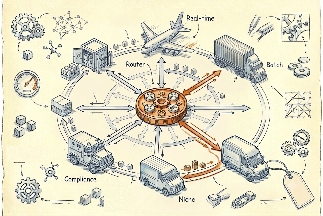 Field-guide schematic of a routing dispatcher sending workloads along Batch, Real-time, Niche, and Compliance routes