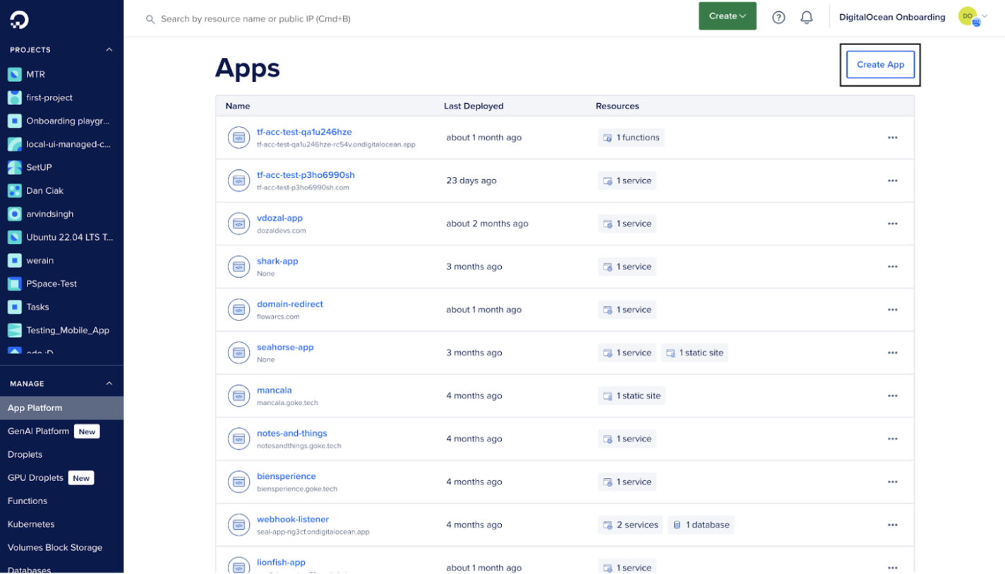 Apps Page on DigitalOcean App Platform