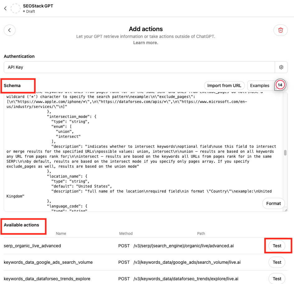 List of available actions