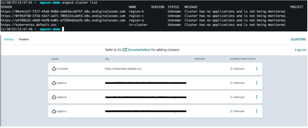 Cluster list command output