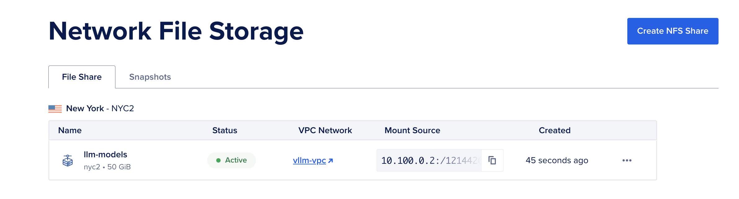 NFS list showing Mount Source