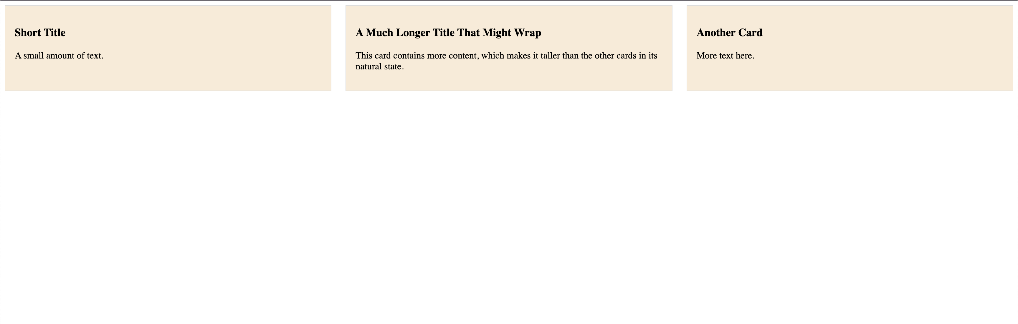 CSS Grid with align-items stretch showing three cards of equal height despite having different amounts of content