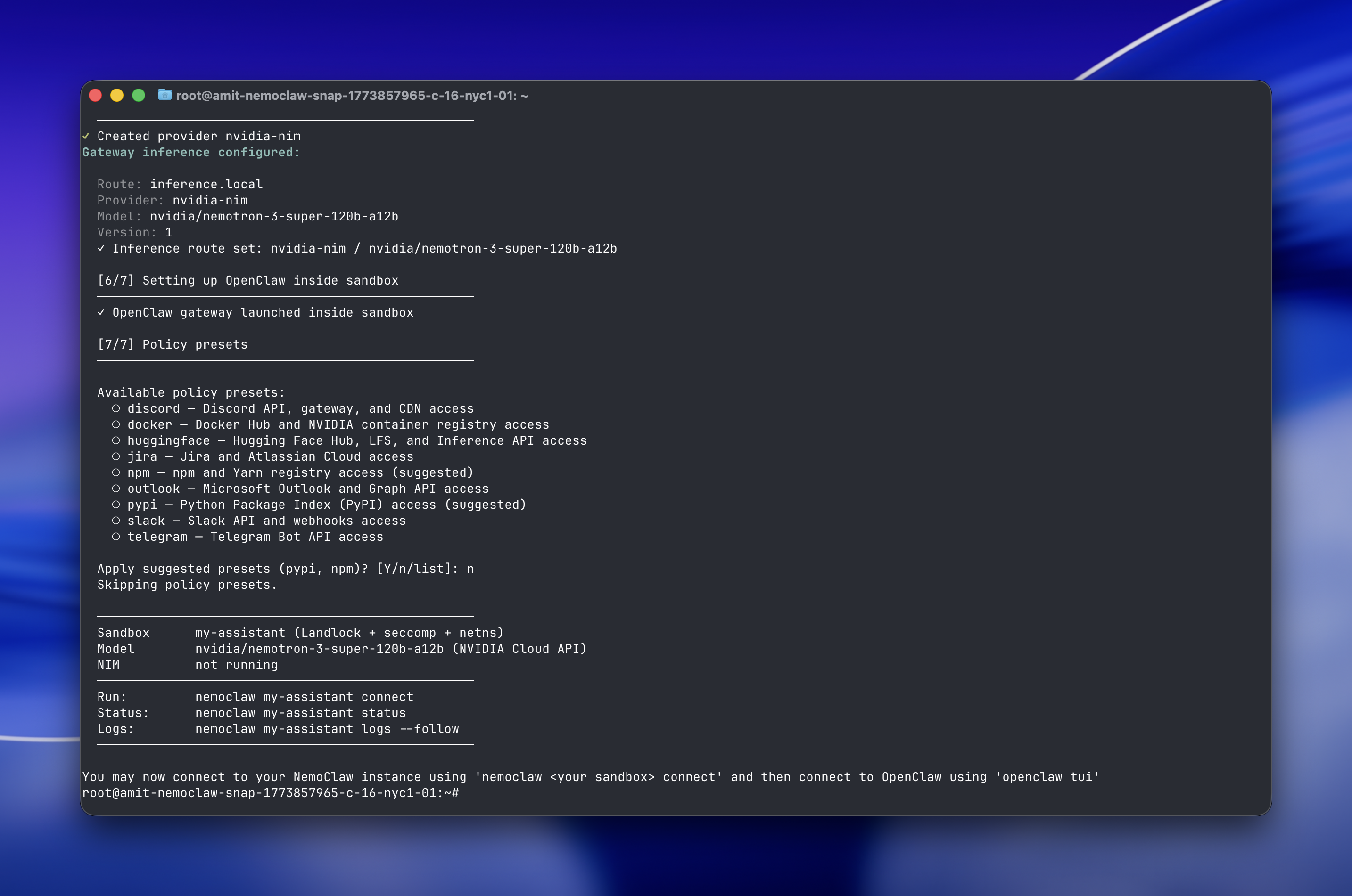 Terminal showing the completed onboarding with sandbox summary, model info, and the available run, status, and logs commands