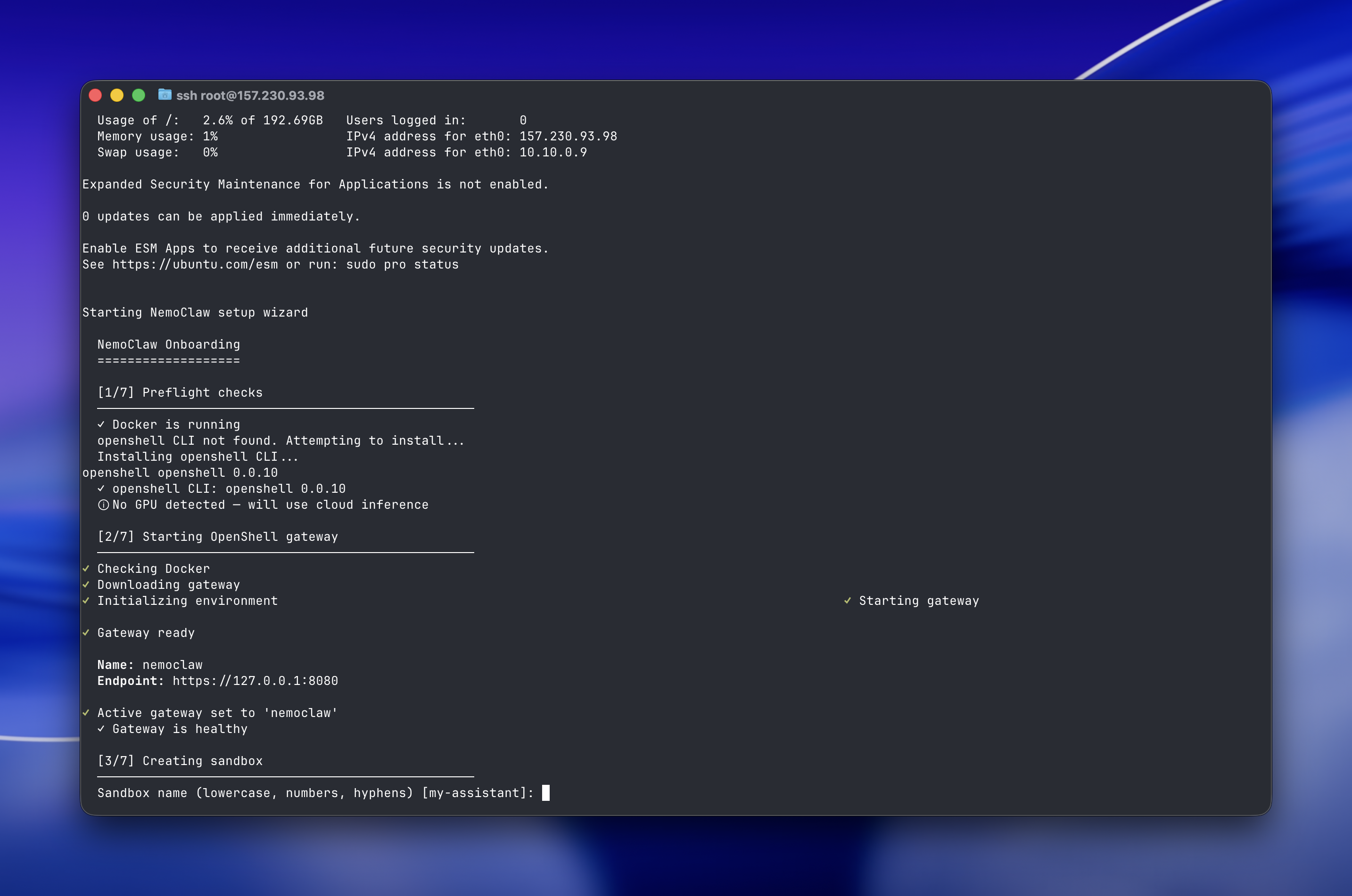 Terminal showing the NemoClaw onboarding wizard running preflight checks, starting the OpenShell gateway, and prompting for a sandbox name