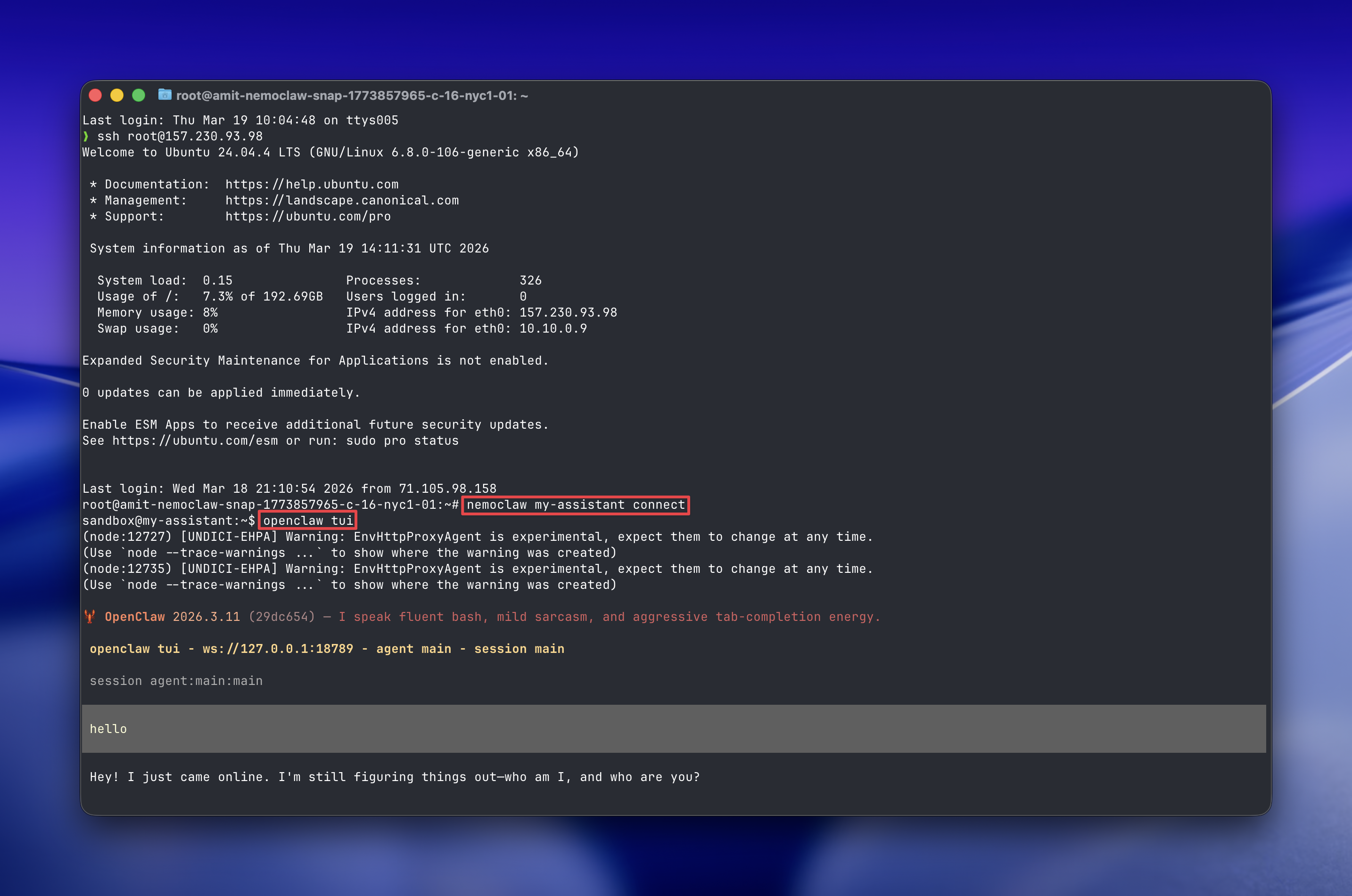 Reconnecting to the sandbox in a new SSH session using openshell sandbox connect, then launching openclaw tui