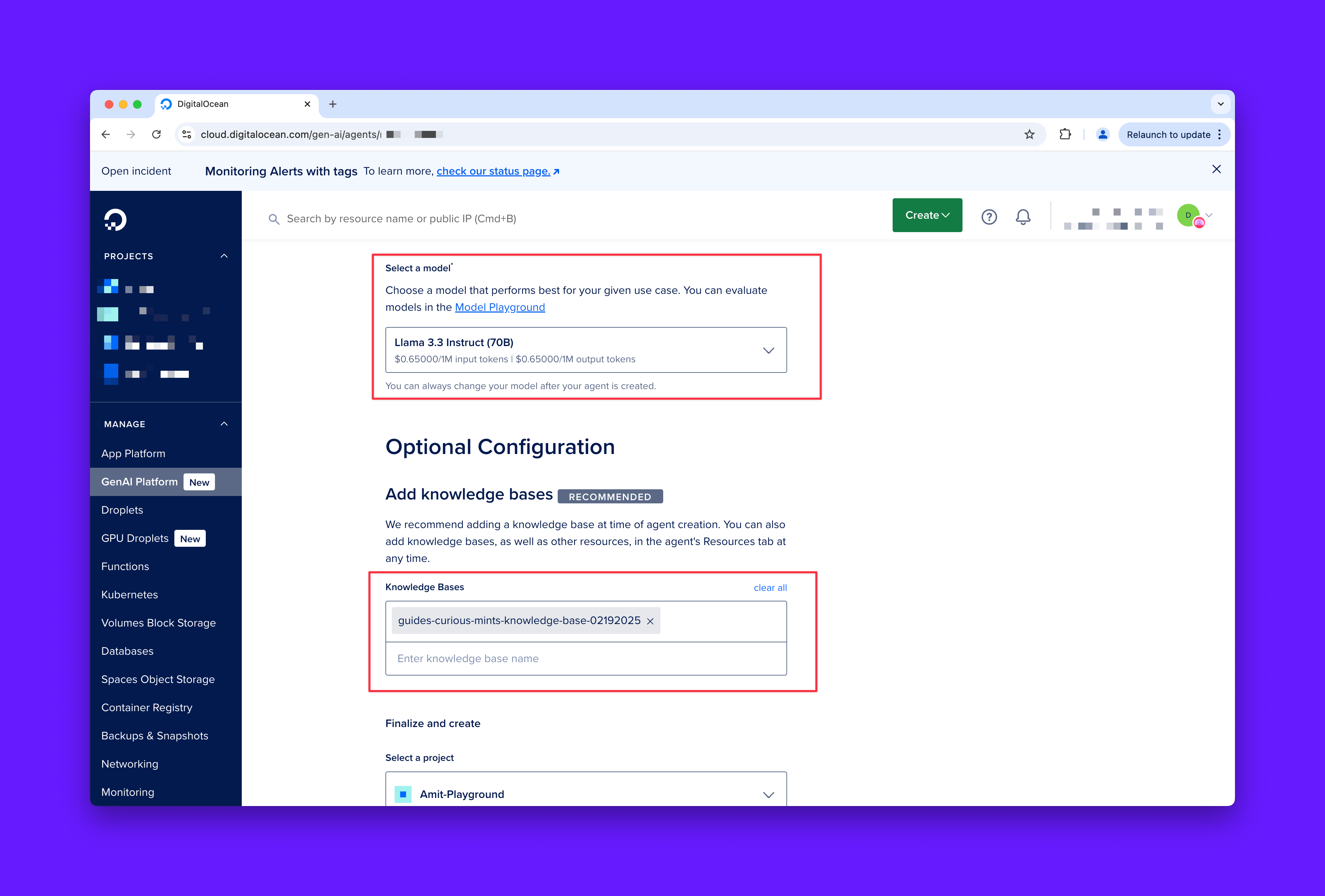 Configuration interface for model selection and knowledge base setup for DigitalOcean GenAI Agent