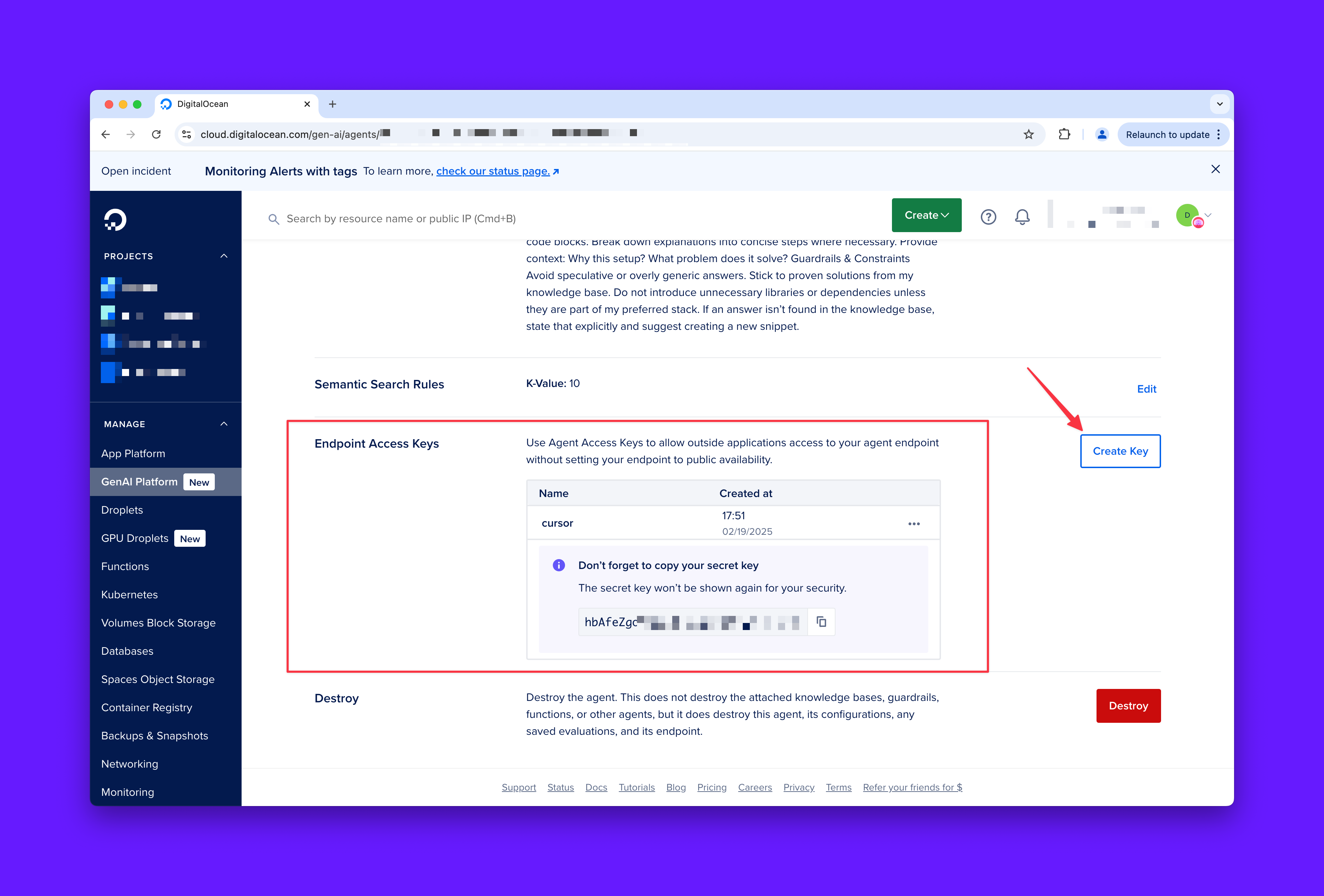 DigitalOcean interface for creating an endpoint access key.