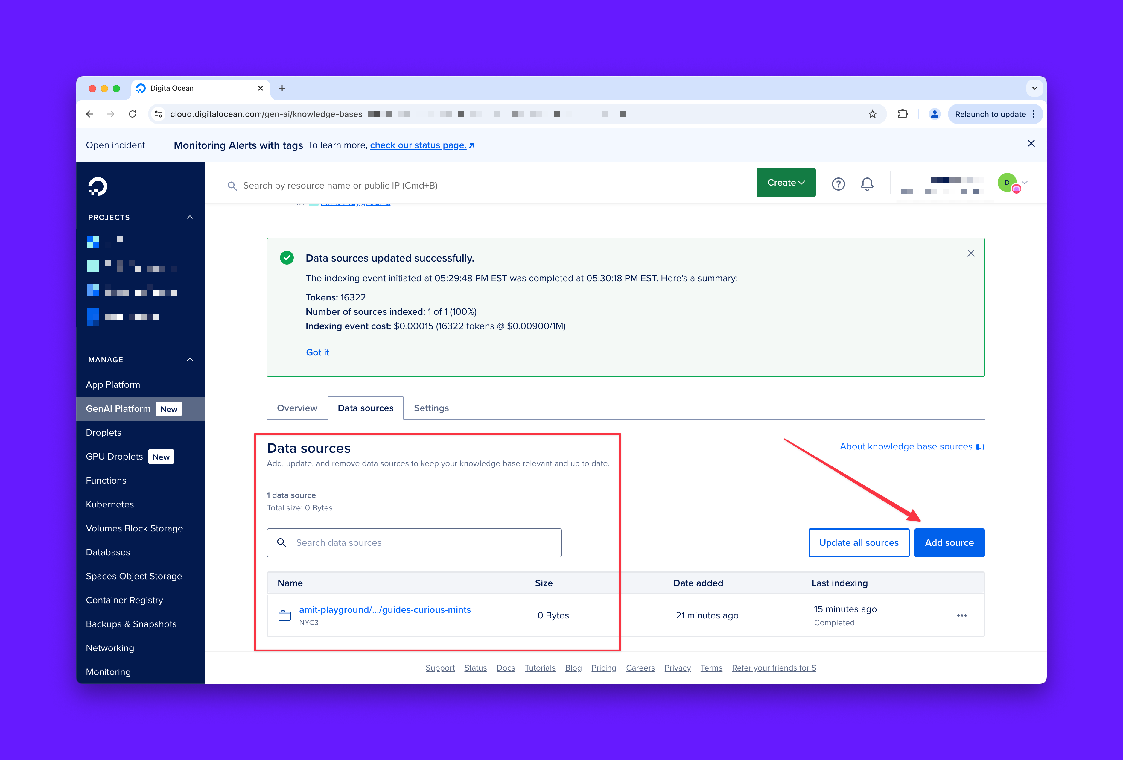 DigitalOcean Web interface confirming successful update of data sources for GenAI Agent's Knowledge Base