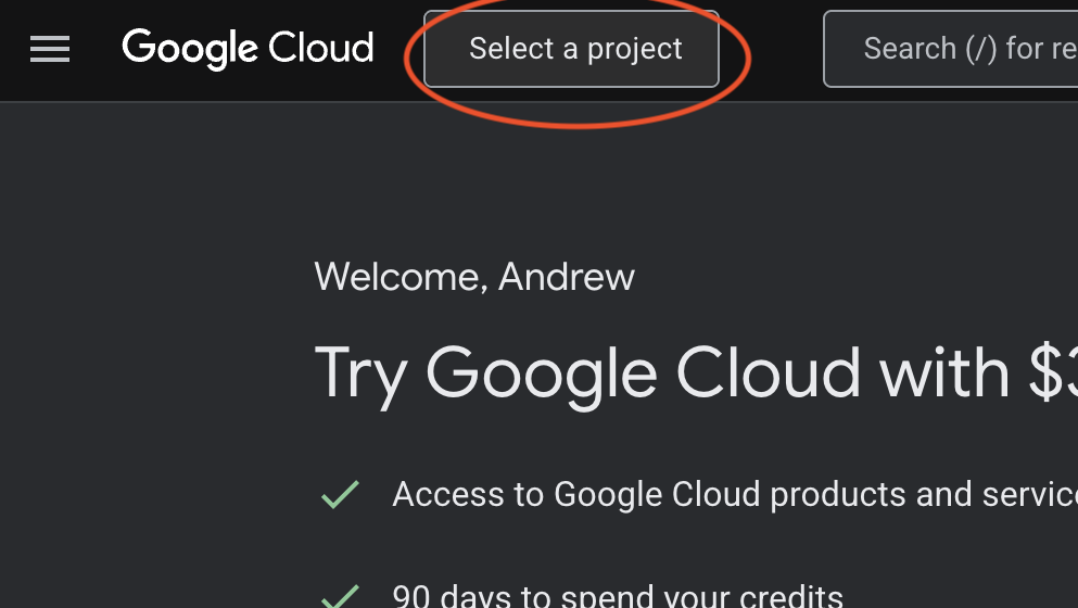 Google Cloud Console showing the project selector dropdown menu at the top of the page with the 'Select a project' button highlighted