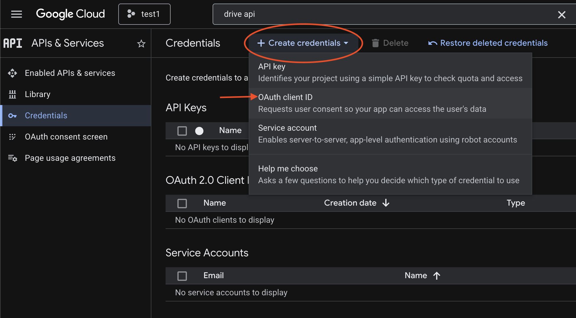 Google Cloud Console Create Credentials dropdown menu with OAuth client ID option highlighted