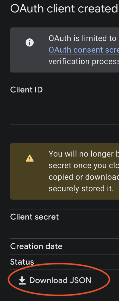Google Cloud Console OAuth client created dialog showing client ID and client secret with Download JSON button