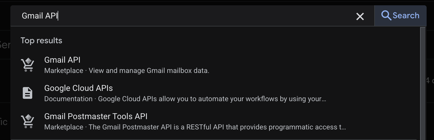 Google Cloud Console API Library search interface showing the search bar and available Google APIs including Gmail API
