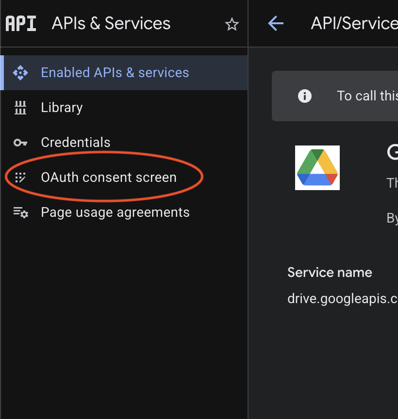Google Cloud Console left sidebar menu with OAuth consent screen option highlighted under APIs & Services