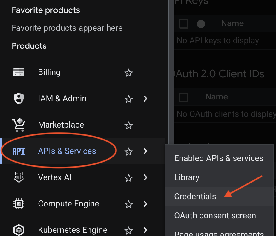 Google Cloud Console Credentials page with the Create Credentials button visible at the top
