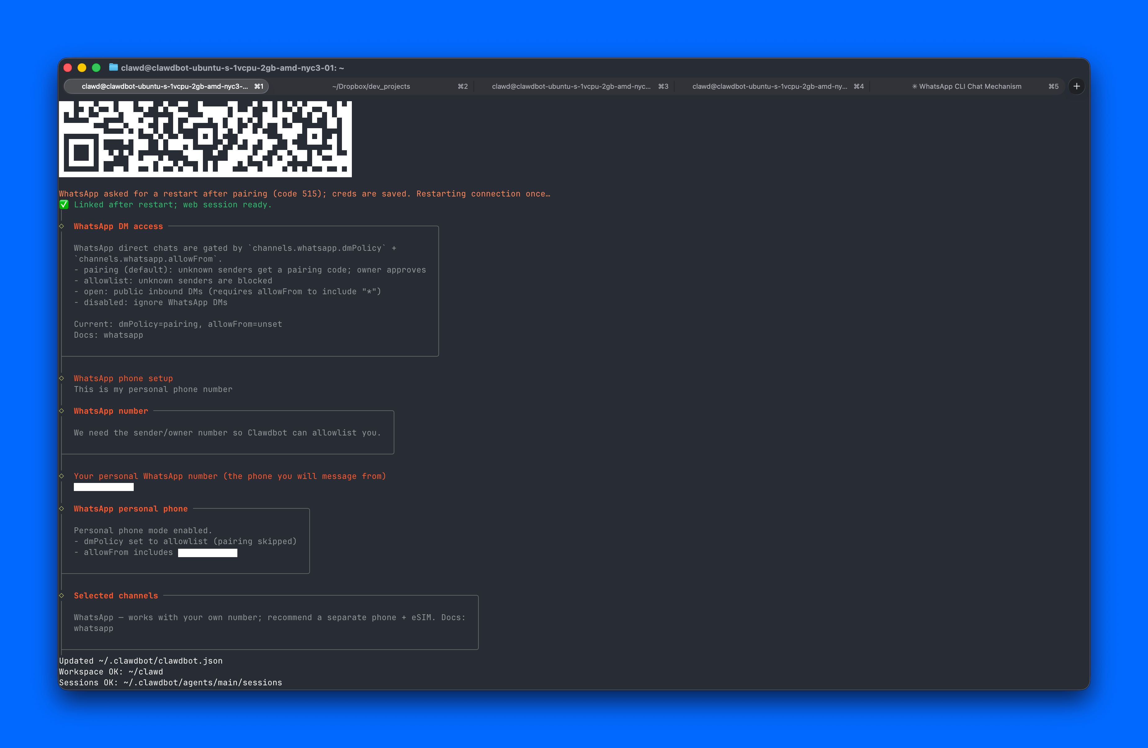 Moltbot onboarding wizard with WhatsApp QR code