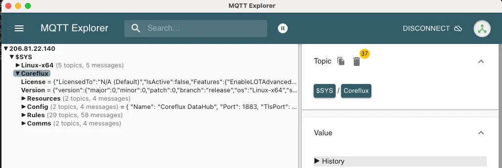 MQTT Explorer connected to Coreflux broker