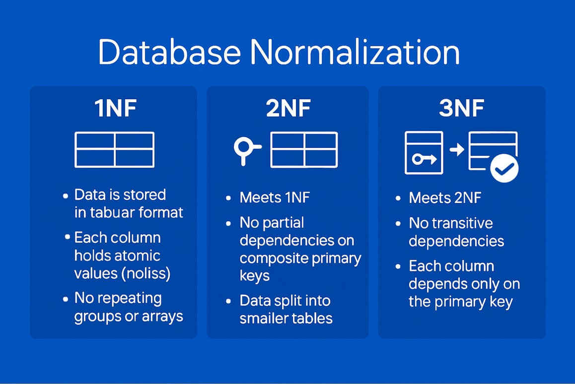 Infographic comparing 1NF, 2NF, and 3NF in database normalization, showing rules and dependency fixes