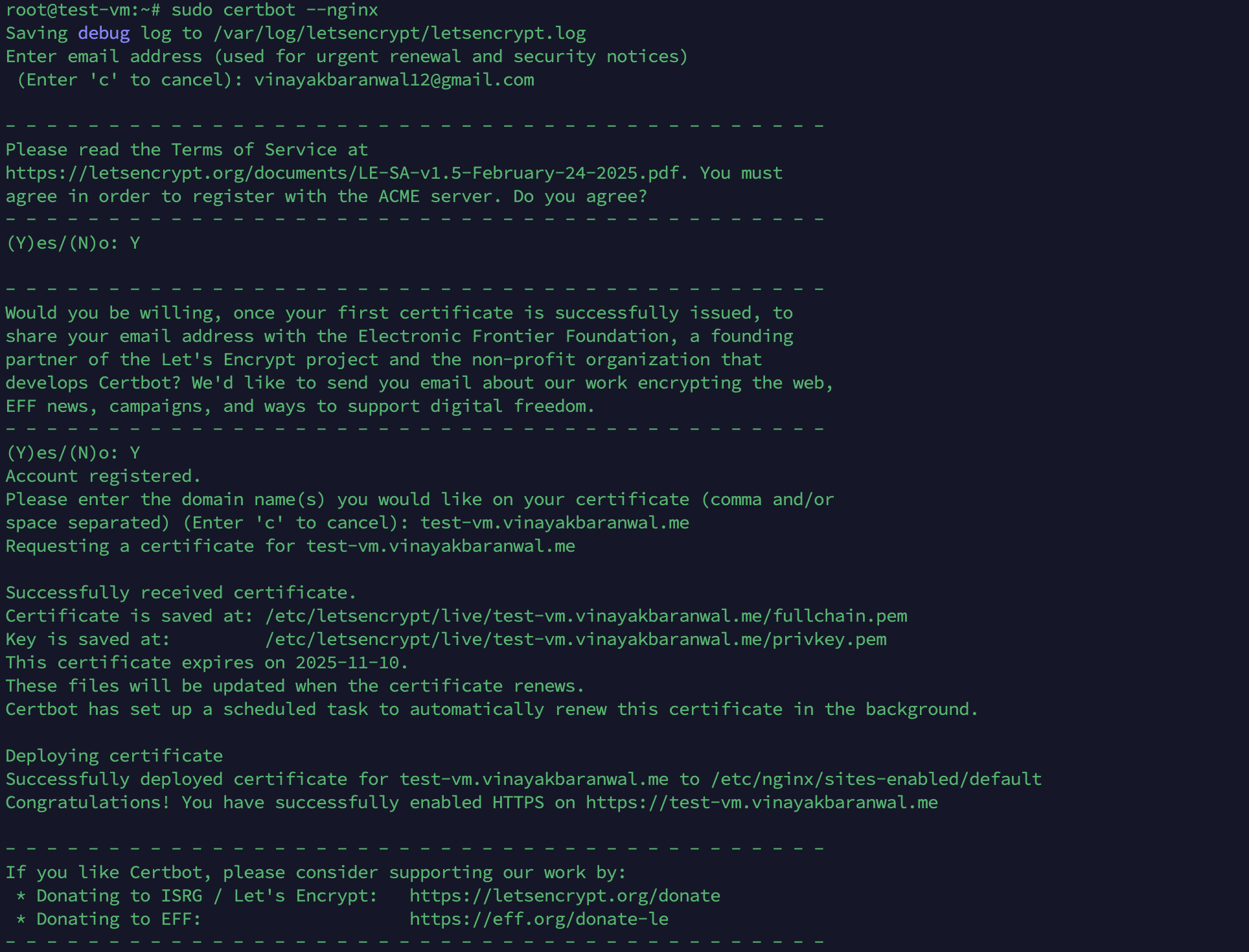 Certbot prompt asking for domain name during SSL setup