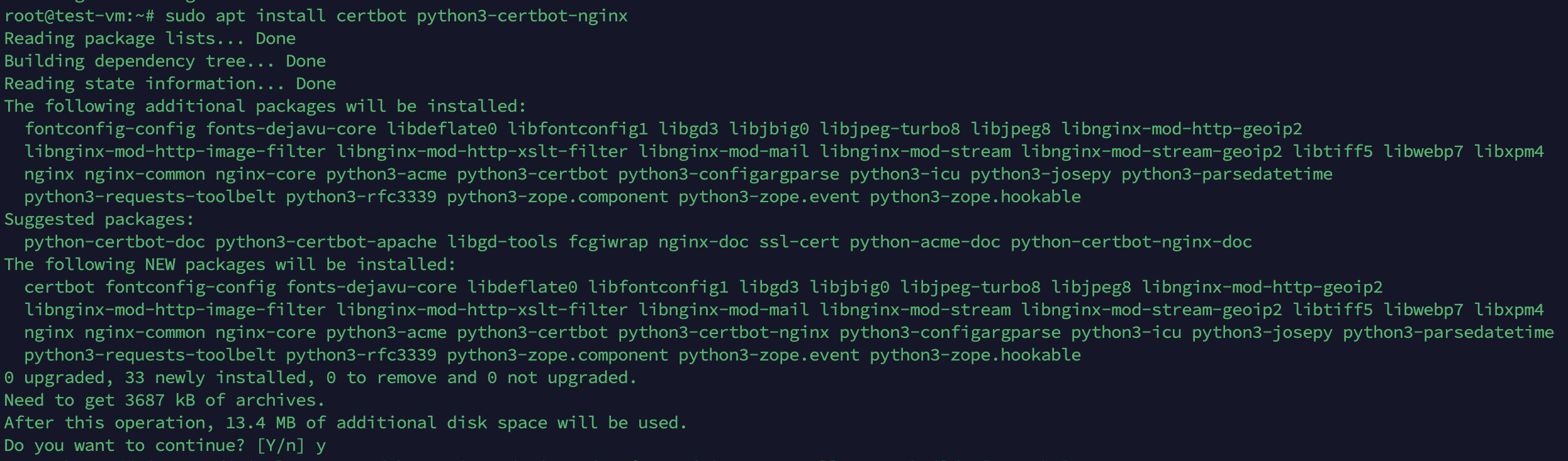 Terminal output showing Certbot and python3-certbot-nginx being installed via apt on Ubuntu