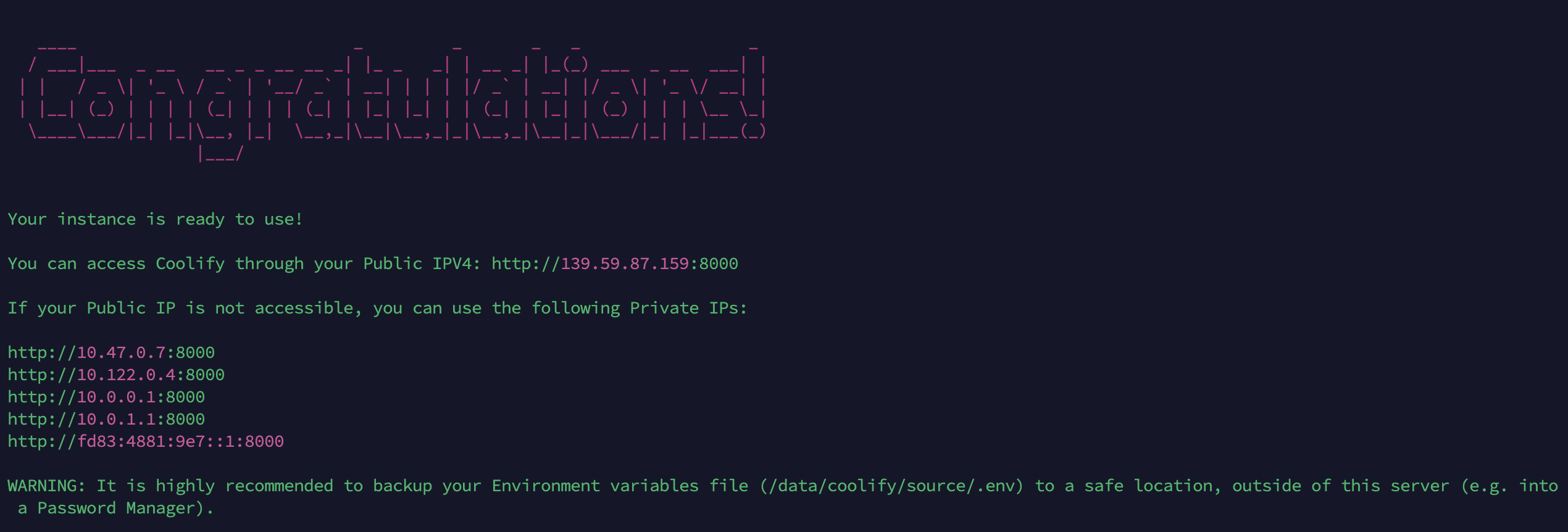Coolify installation completed screenshot