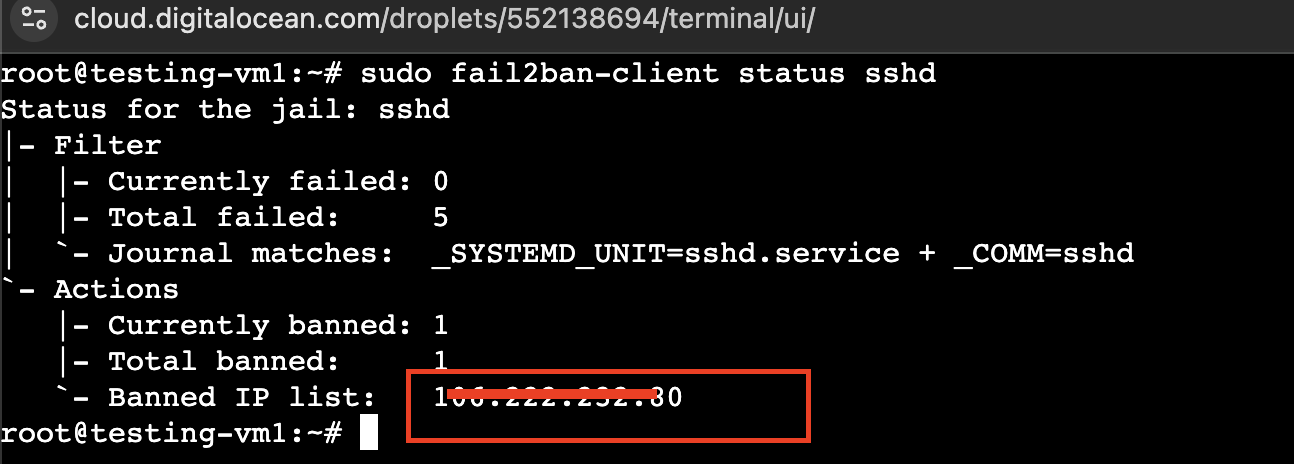 Fail2Ban status showing a banned IP