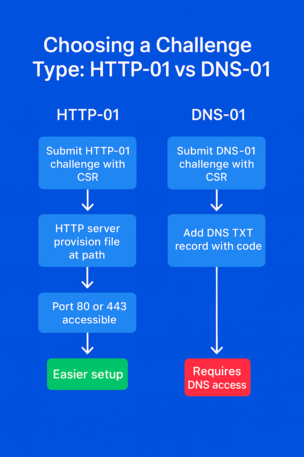 Flow diagram comparing Let's Encrypt HTTP-01 and DNS-01 validation methods.