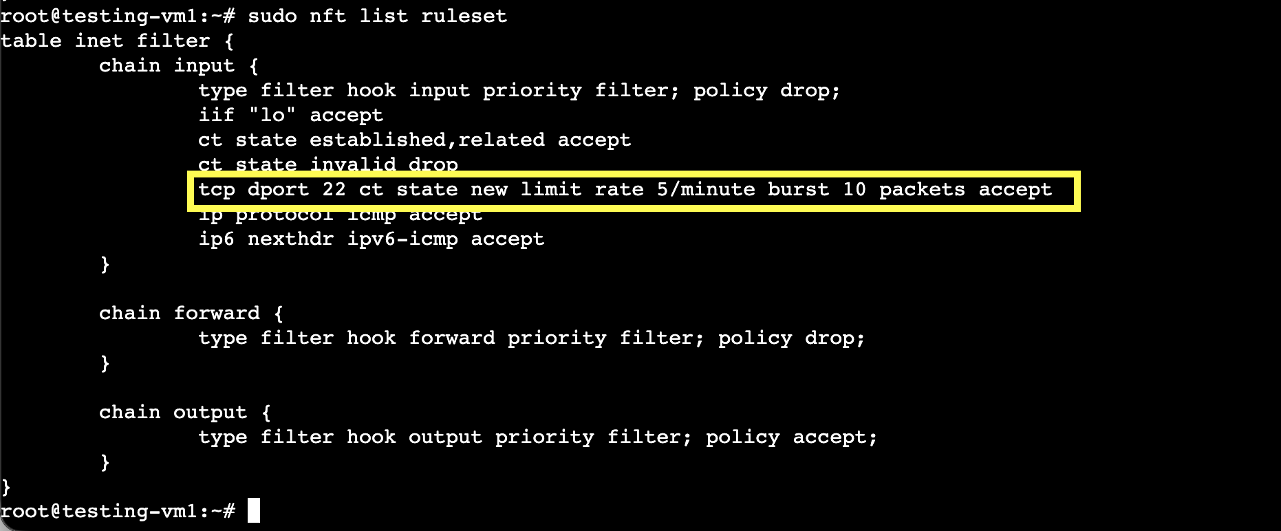 Example nftables ruleset with SSH rate limiting.