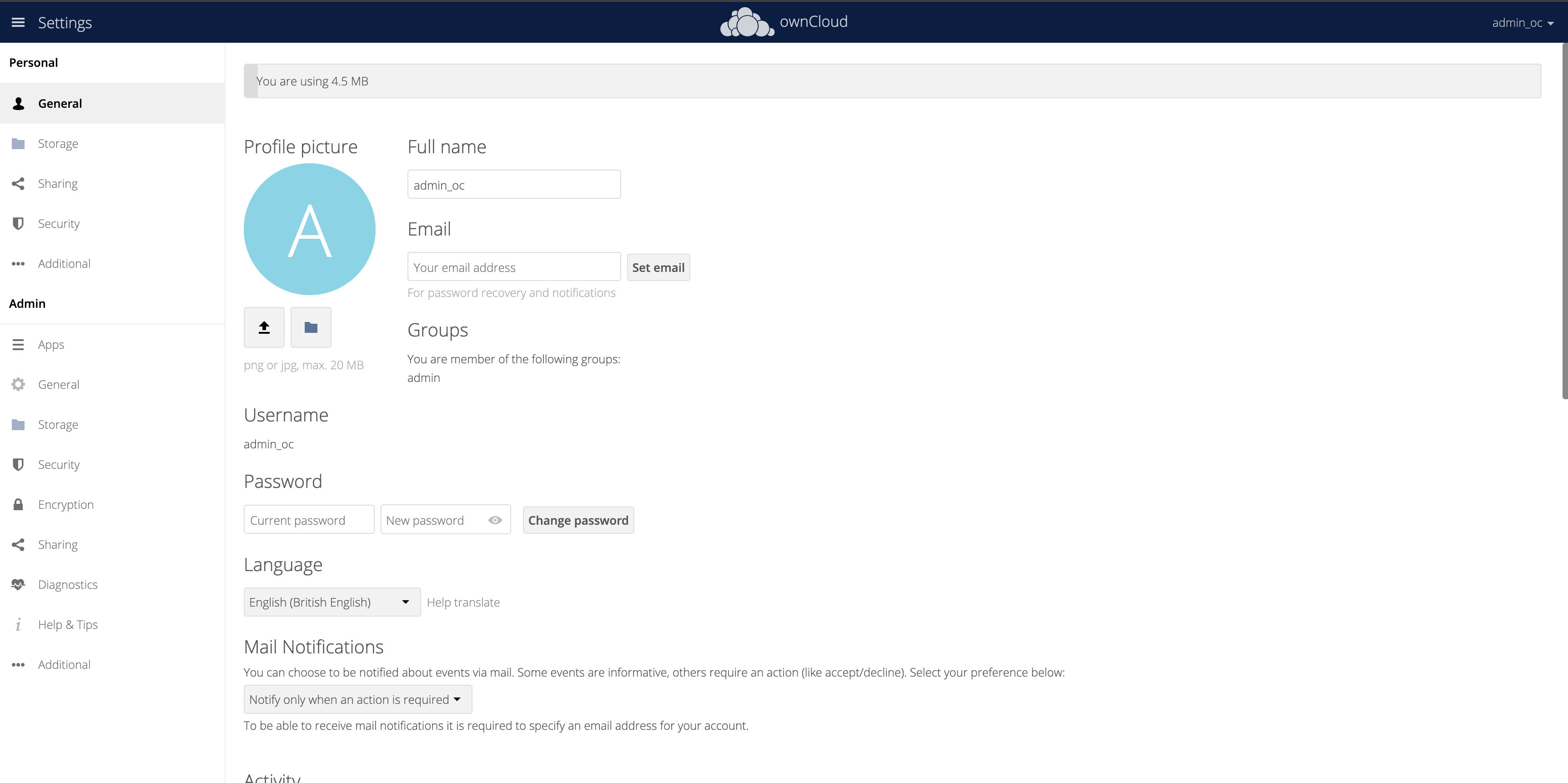 OwnCloud Admin Profile
