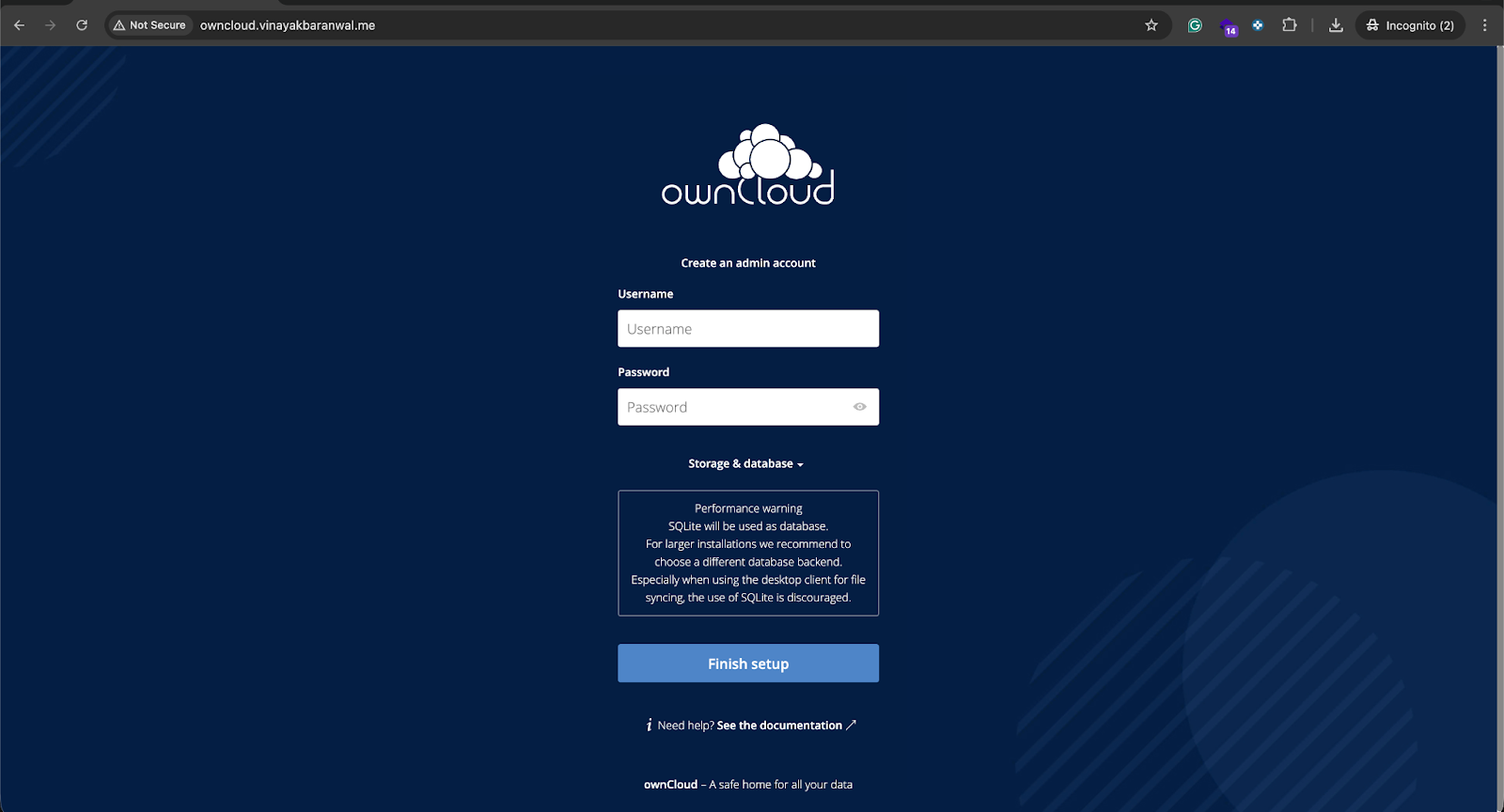 OwnCloud Initial Installation Screen