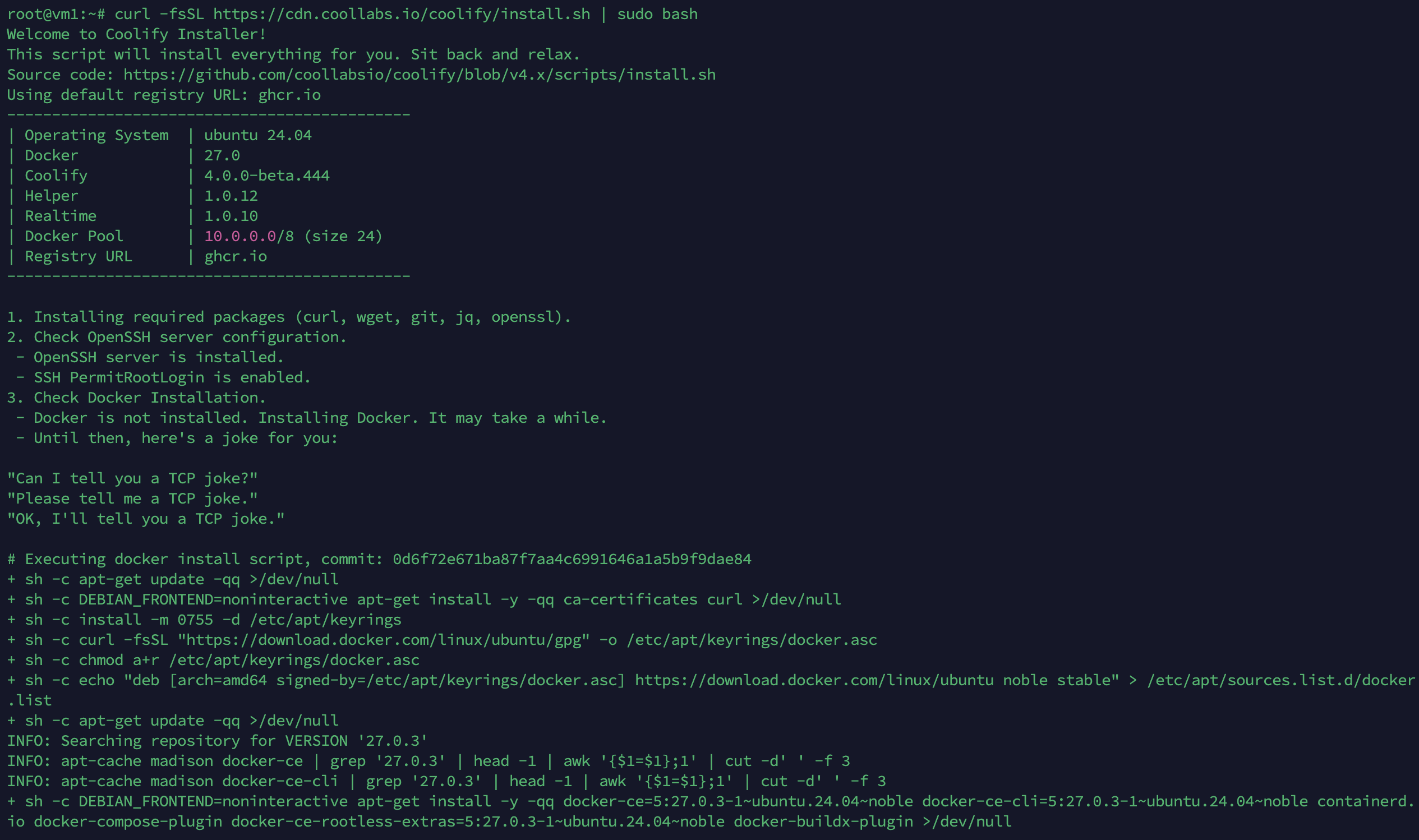 Coolify SSH install command example