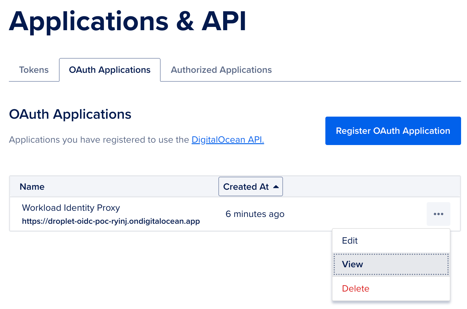 View button for the newly created OAuth application.